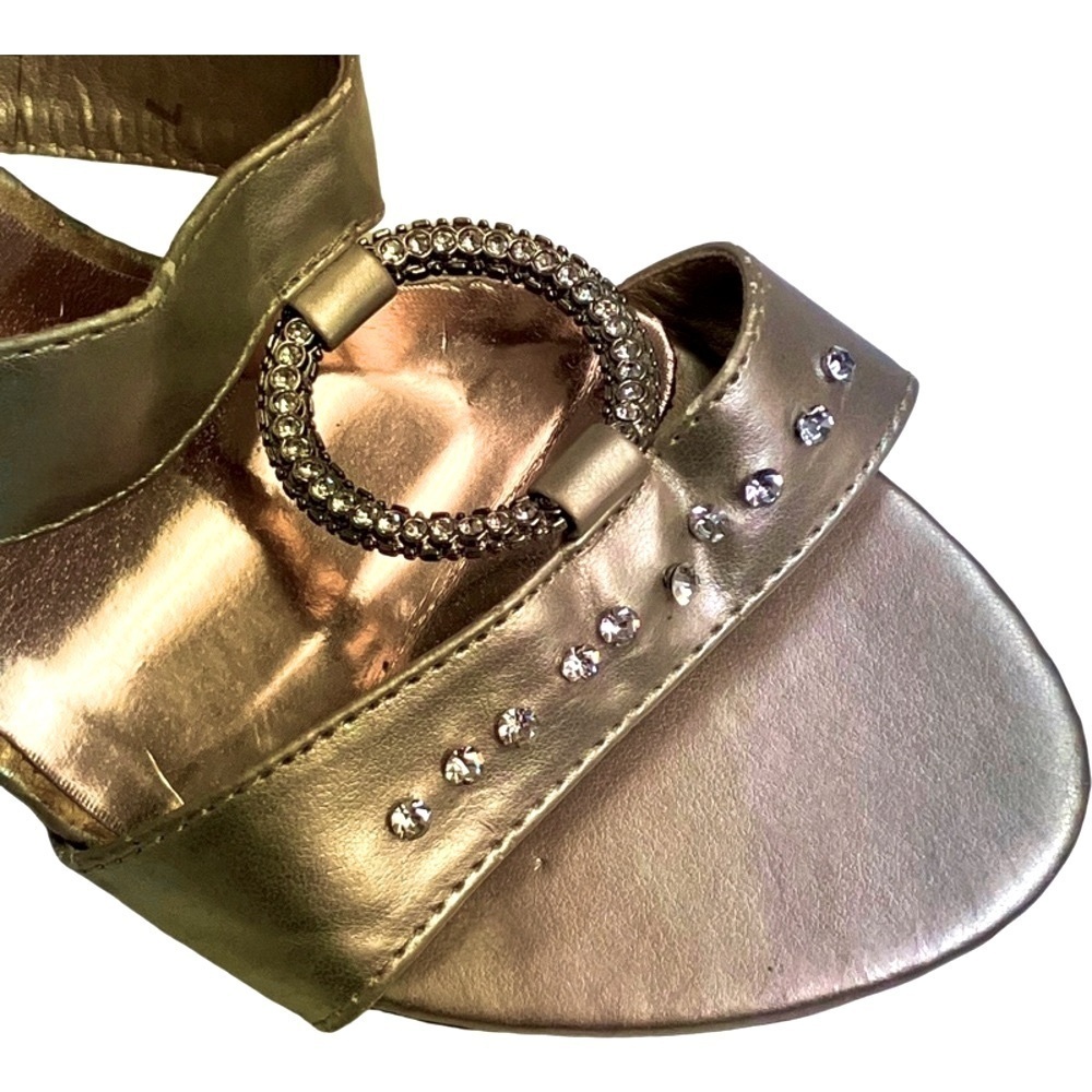 AMANDA Metallic Gold Double Band Rhinestone Slide Heeled Sandals Women’s SZ 7 - Picture 6 of 9